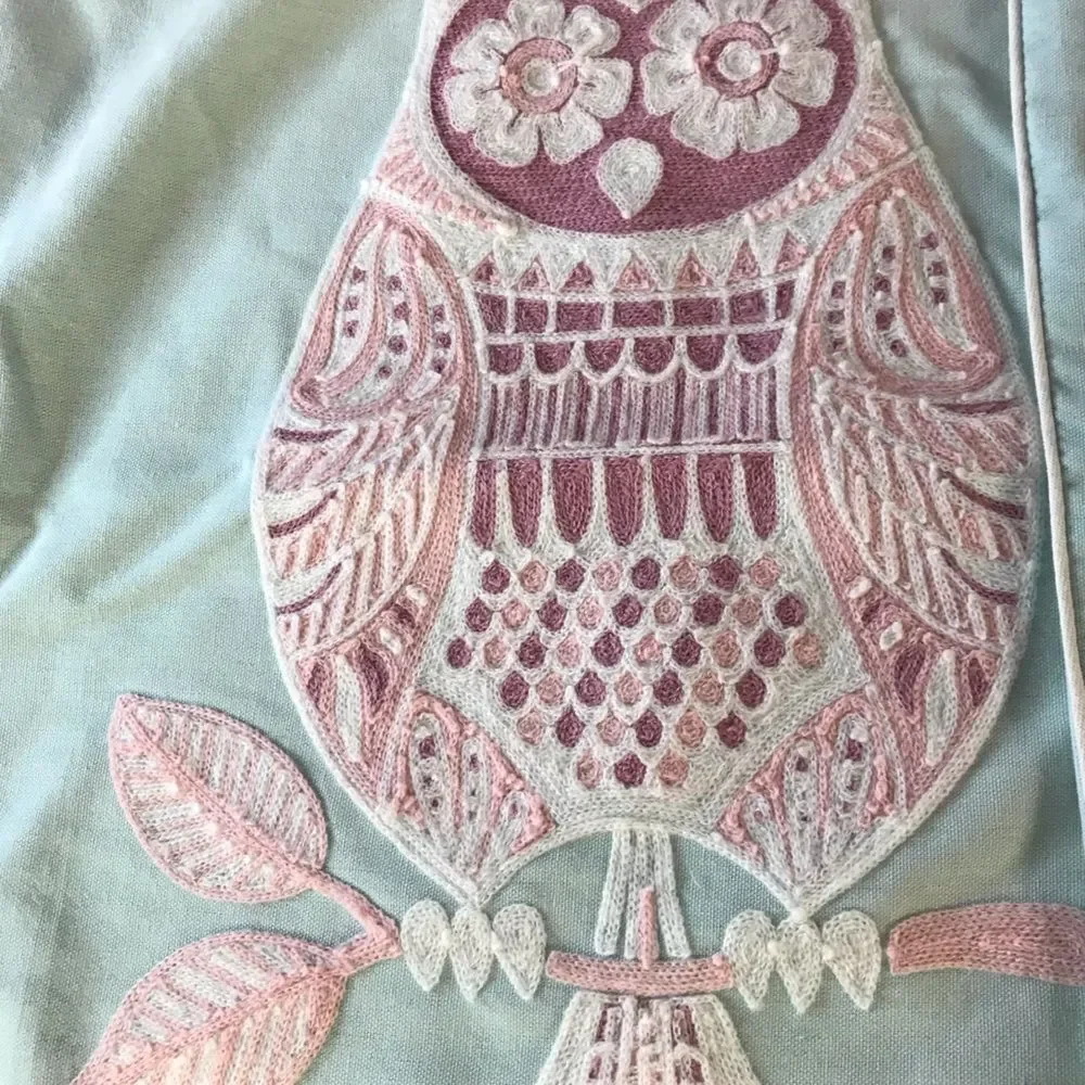 Nicole Miller Boho Mint Green Lilac Decorative Pillow Covers Embroidered Owl (2)